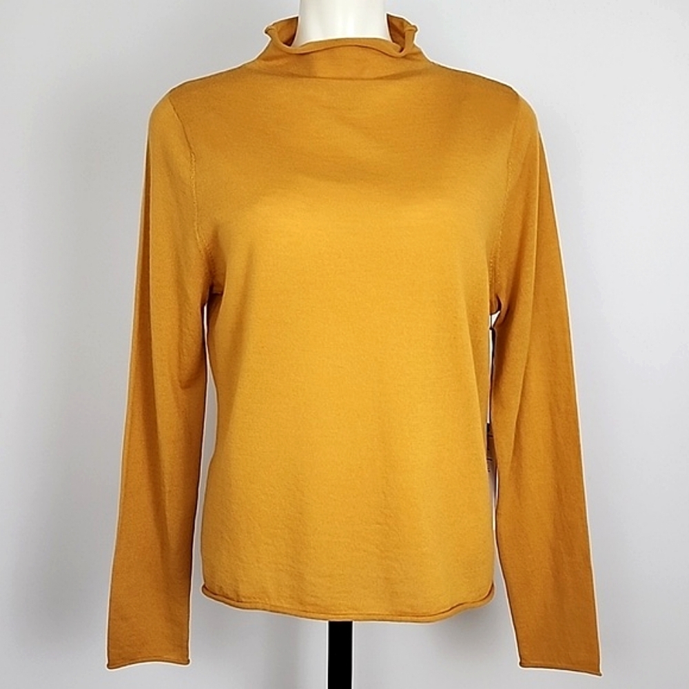 NWT Nicole Miller Women's Mock Neck Top Extra Fine Merino Wool Mustard XL